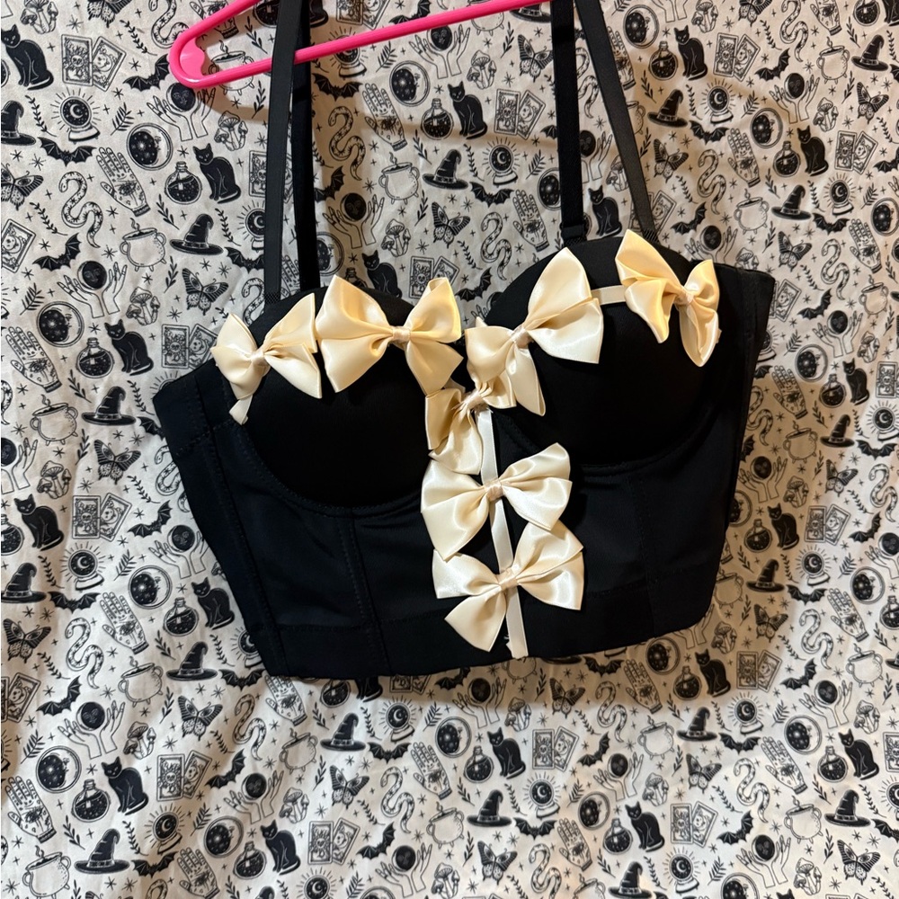Black Bustier Top with Cream Bows